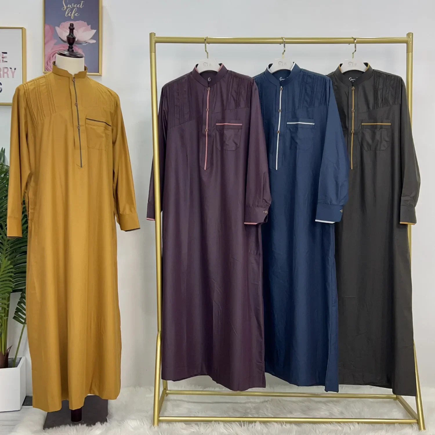 Mens Muslim Fashion Solid Jubba Thobe Robe Islamic Clothing Arab Kaftan Saudi Arabia Eid al Fitr Dress Jalabiya Abaya 250409