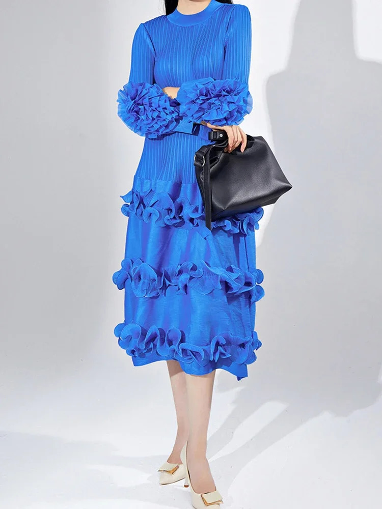 Belt pleated Miyake dress with fashionable round neck and floral sleeves fungal splicing solid elegant womens clothing item 5GR2974 250409