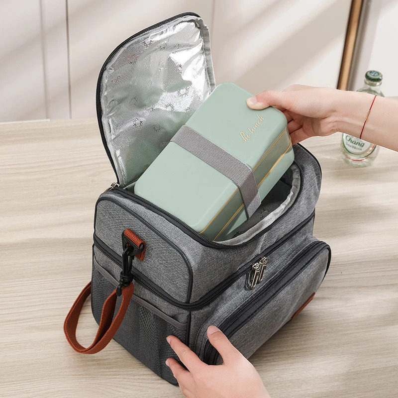 Portable Double Layer Bento Lunch Bag Large Capacity Picnic Insulation Bags Tote Shoulder Lunbox Drink Thermal Bag For Lunch 250407