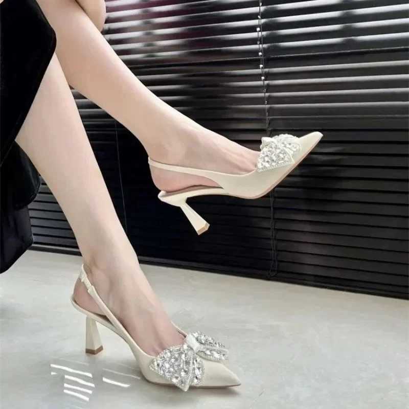 New Arrival High heels womens sandals 2025 womens slim high heels rhinestone high bow beige dot transparent closed new low comfortable solid T250409