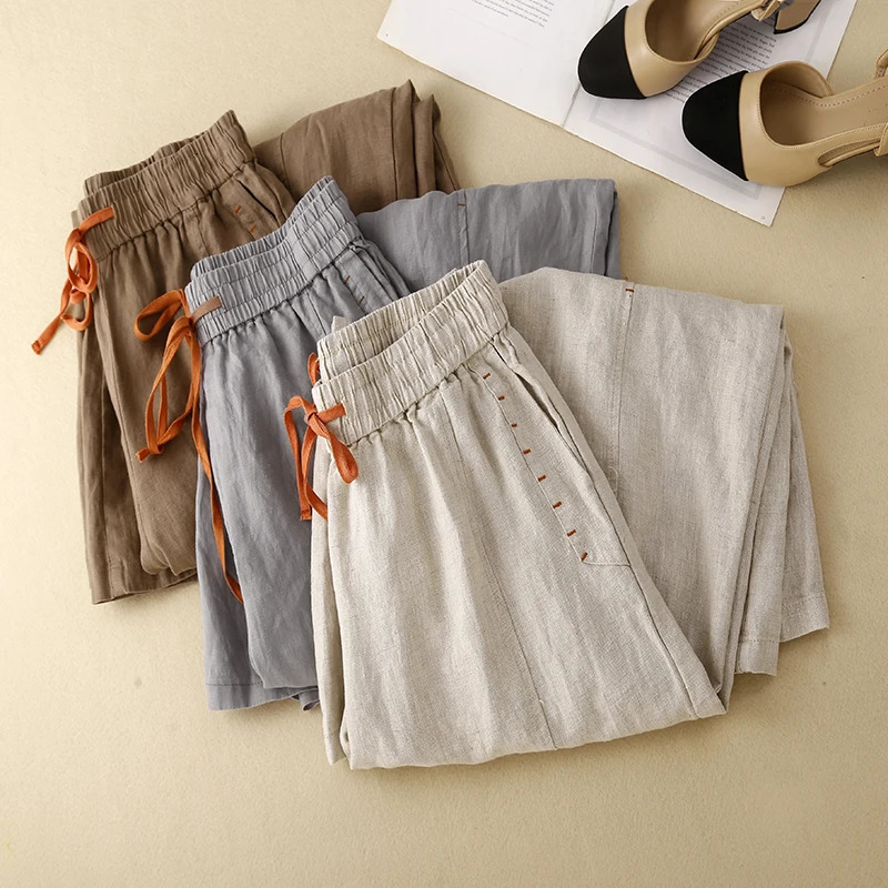Beige Cotton Linen Casual Elastic High Waist Loose Wide Leg Womens Pants Ankle-Length Pants For Women Clothing Fashion 250408