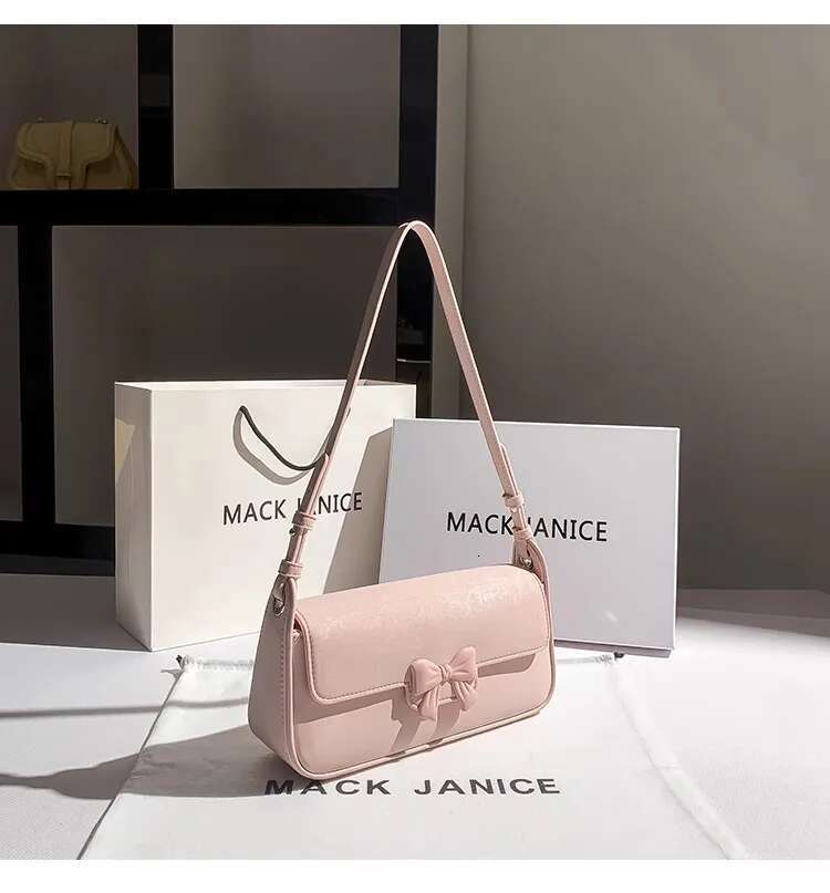 Summer New Fashion Women's Handbag Pink Bow Knot Square Textured Leather Shoulder Underarm Bag Lady Purse Female Armpit