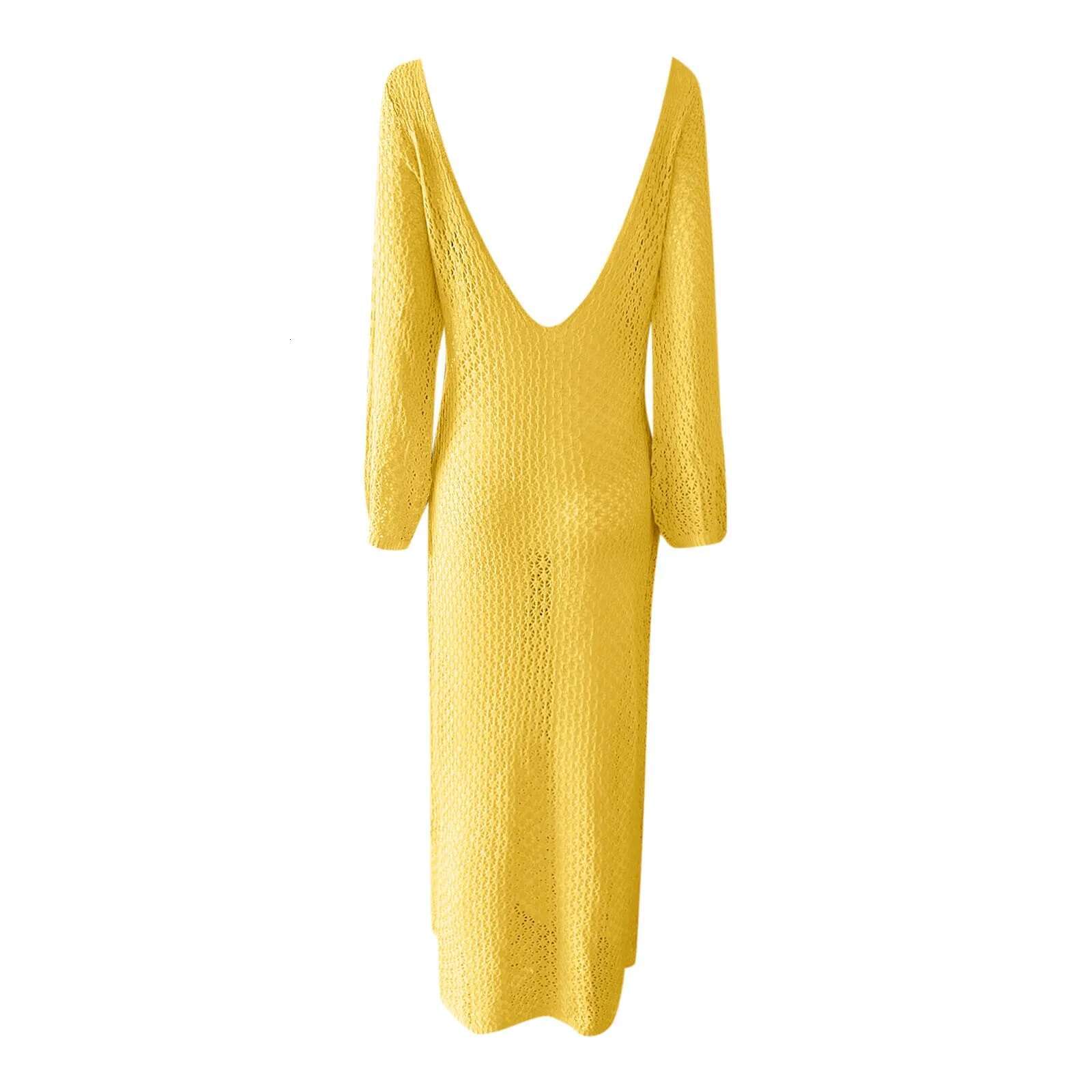 Dongdumaoyi Sexy Women Long Knit Beach Dress Hollow Out Deep V Neck Sleeve Bikini Cover Ups Backless Holiday Yellow