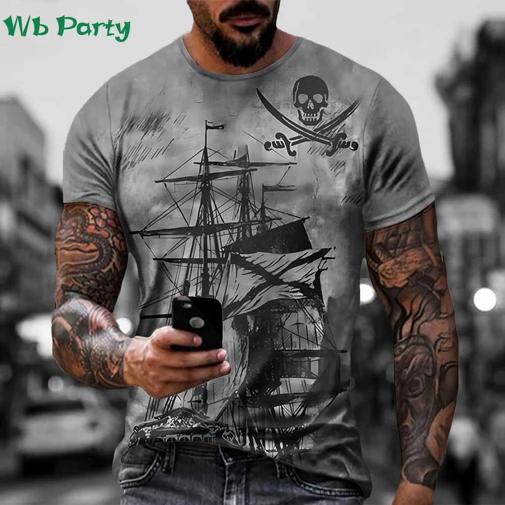 Pirate ship pattern printing mens clothing T-shirt mens short sleeved T-shirt mens T-shirtXJ250409