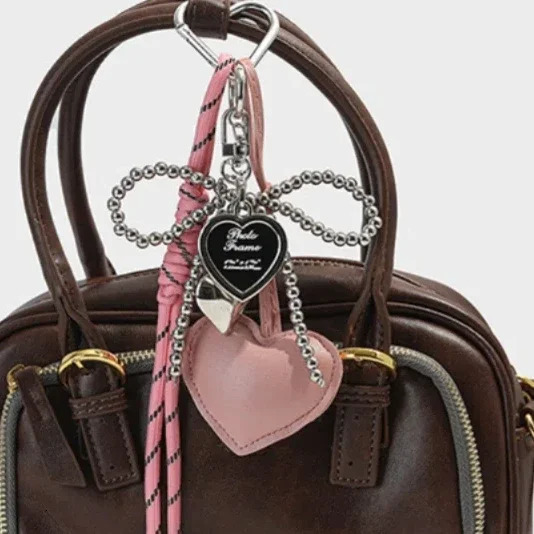 Smooth leather pearl bow key bead Y2k heartshaped backpack pendant Korean style bag charm wallet decoration 250408