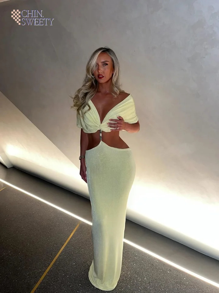 Elegant yellow single shoulder pleated bow ultrathin robe for women chic sleeveless and backless long skirt womens party club dress 250409