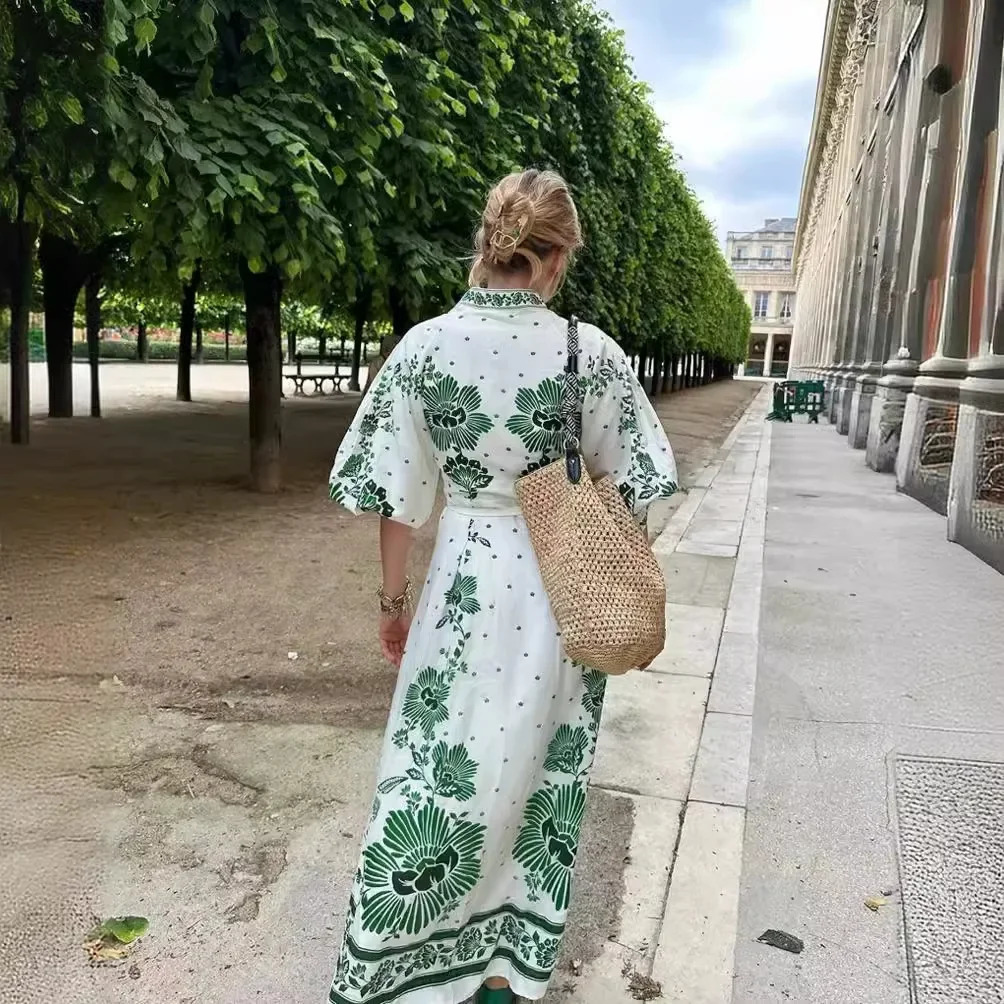 Womens loose Vneck printed dress single chest long sleeved lantern sleeve vacation fashionable and casual 250409