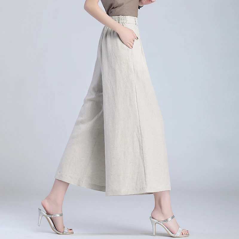 Linen nine point wide leg pants for women in spring 2024 thin pants leather high waisted eight point pants casual loose pants cotton linenXJ250403