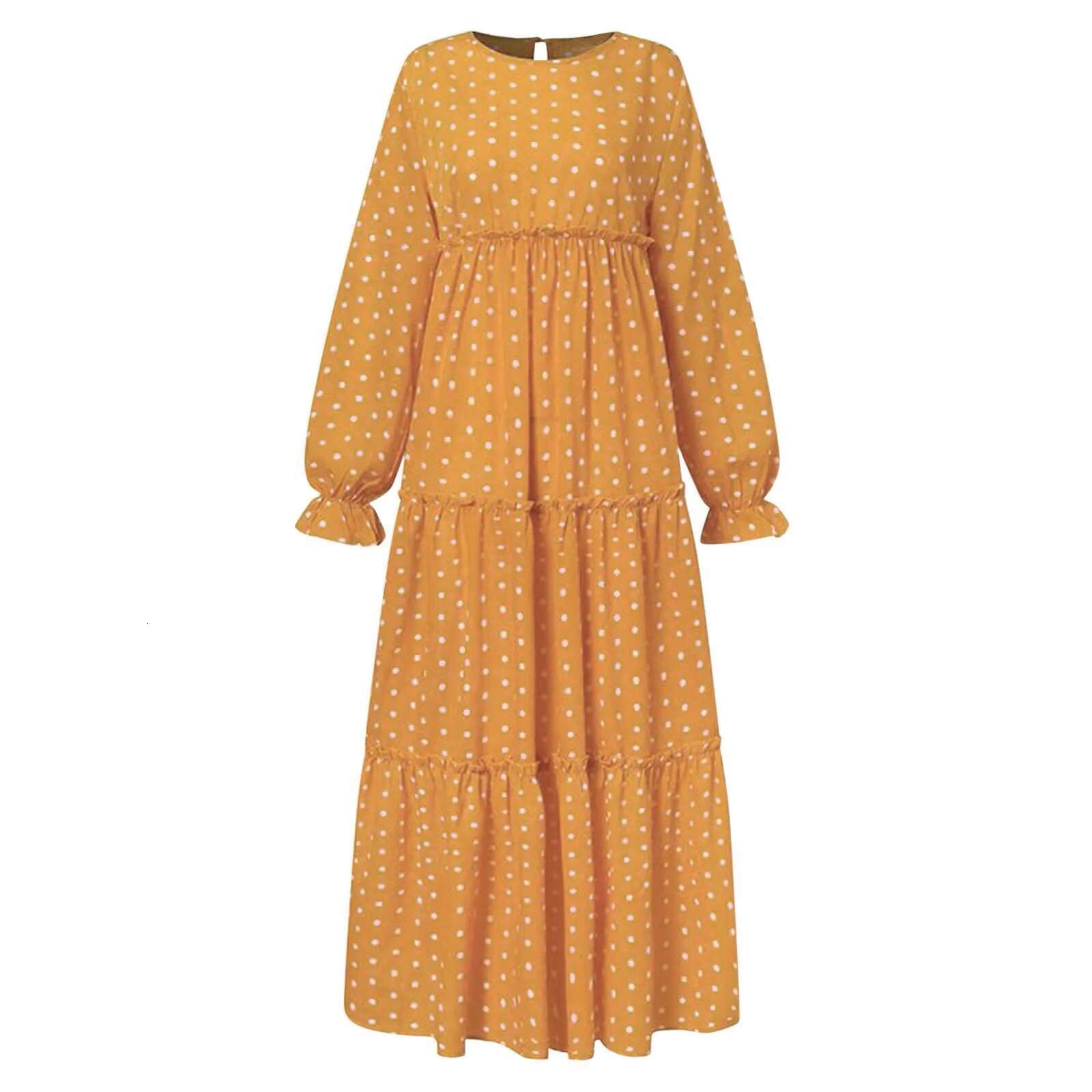Dongdumaoyi Women Polka Dots Printed Muslim Dress Ruffles Long Sleeve Islamic Clothing Elagant Casual Dubai Marocain Turkish Vestidos