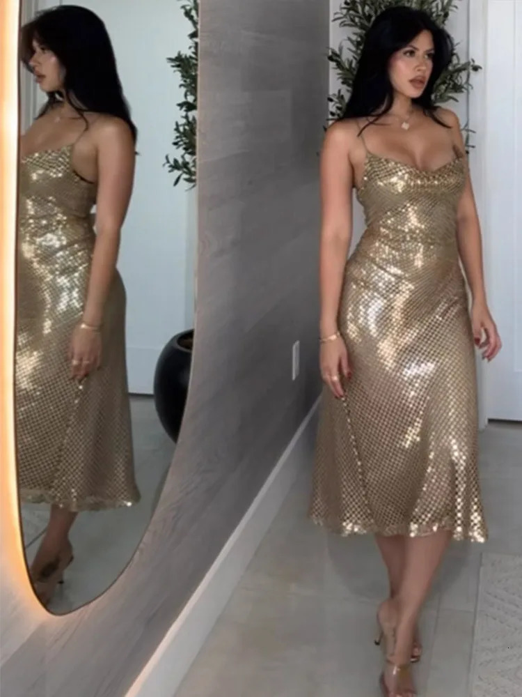 Backless sequined camisole Maxi dress for women sexy Vneck long high waisted party evening club womens sleeveless 250409