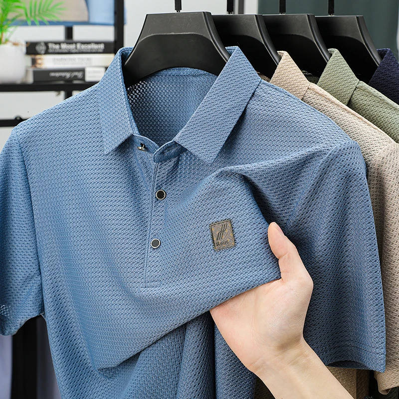 High End Summer Mens Ice Silk Polo Shirt Selling Fashion Leisure Plaid Print Non Ironing Mens Short Sleeved Top 250407
