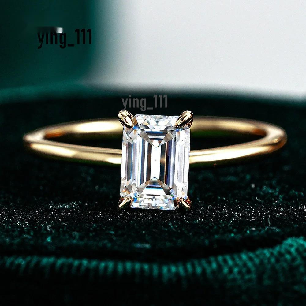 Real 18k Gold Ring for Women Four-claw Emerald Rectangular 1ct Diamond Moissanite with GRA Cartificate Fine Jewelry