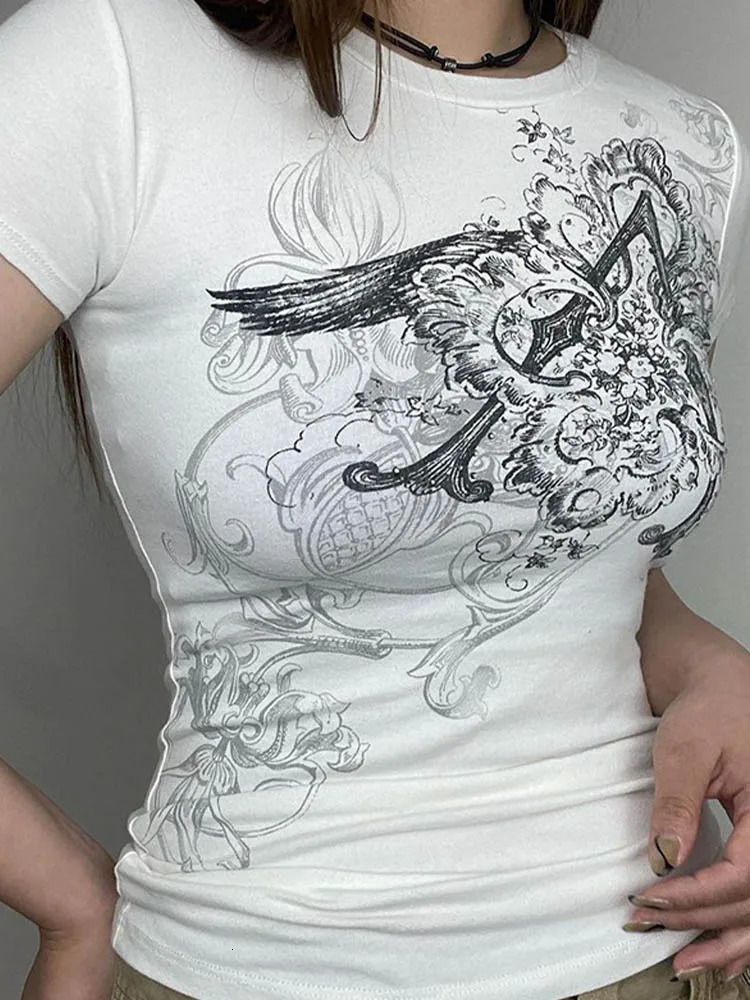 Retro Graphic Crop Top White Short Sleeve O Neck Casual T Shirt for Women y2k Aesthetic Vintage Basic Tees Ladies Clothes 250409