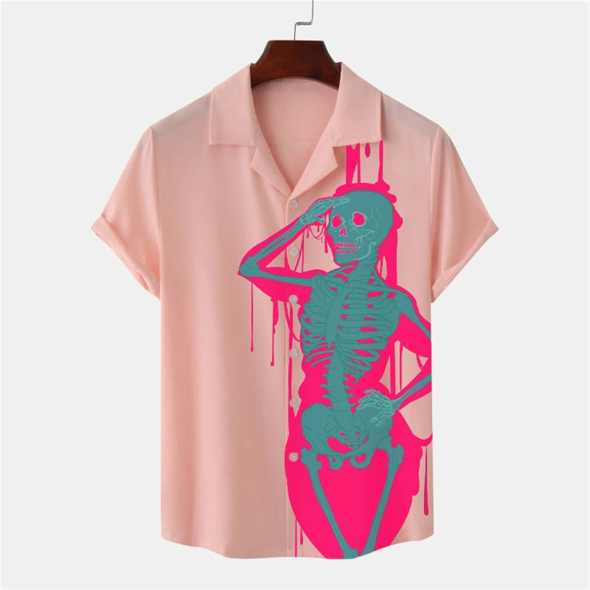 Ugly skull print mens short sleeved shirt plus size loose Hawaiian beach casual mens lapel top comfortable mens shirt 250408