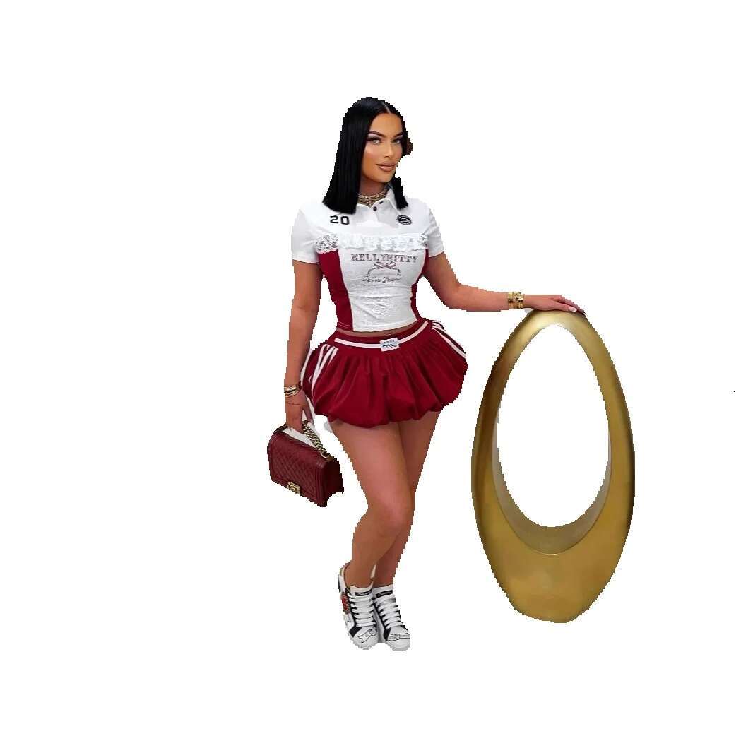 2025S Designer S Summer Lace Letter Printed Buckle Top Waist Fluffy Short Skirt Set For Women