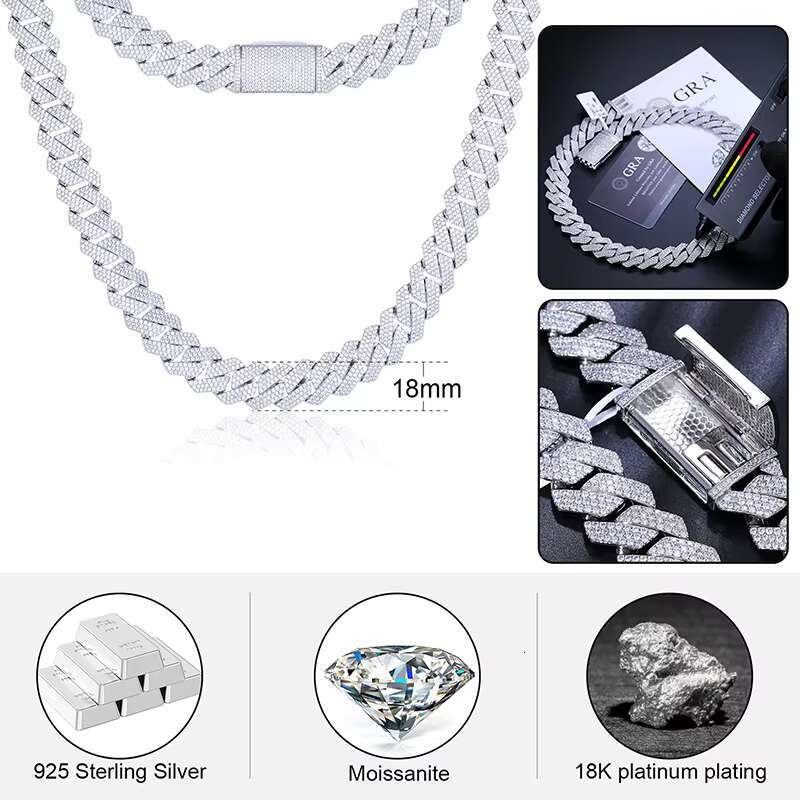 18mm 3 Rows VVS Moissanite Iced Out Cuban Link Chain 925 Sterling Silver Lab Diamond Hip Hop Jewelry Men Cuban Necklace Chain