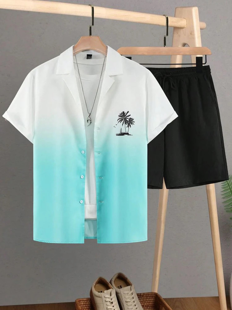 Coconut tree print mens gradient short sleeved and beach shorts set summer casual loose shirt Hawaiian style clothing 250409