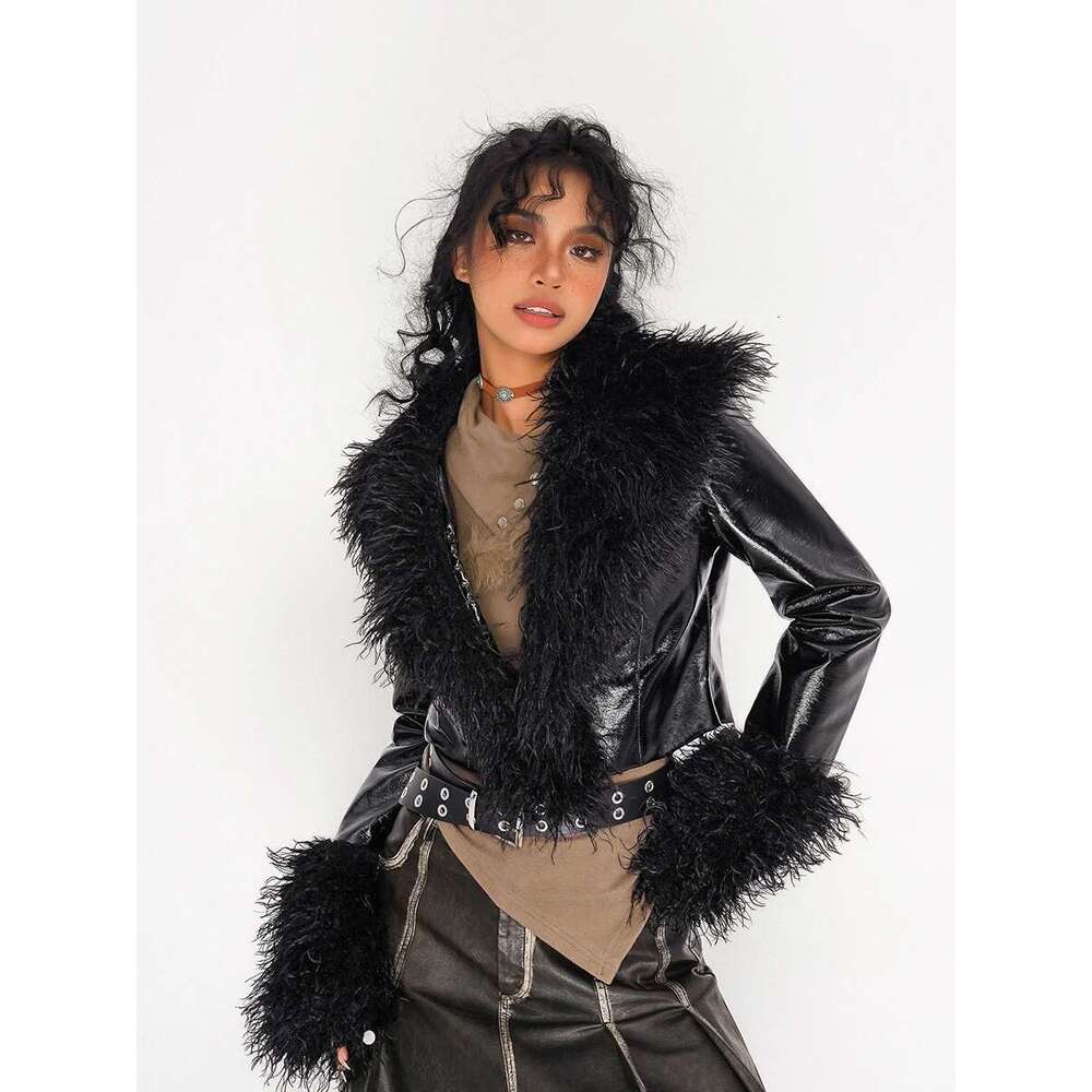 Autumn Winter Women Gothic Patchwork Faux Leather Cropped Jacket Haruku Grunge Y2k Streetwear Designer Coat Baddie Tide
