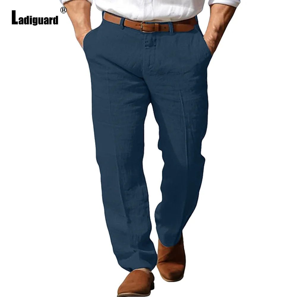 Mens Stand Pockets Cotton Linen Pants Solid Light Gray Ankle-Length Trouser Plus Size Mens Casual Beach Straight pants 250408