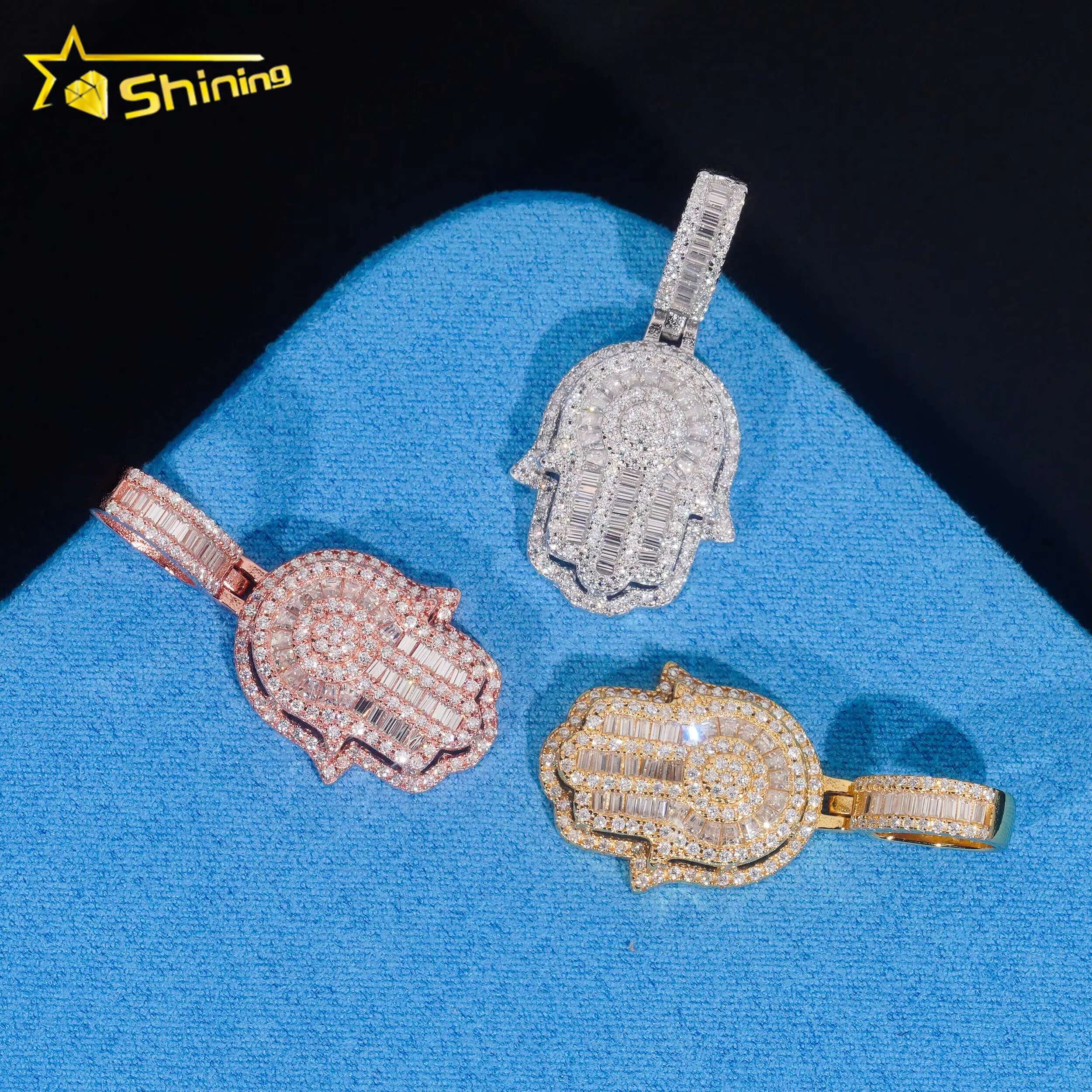 New Fashion Jewelry Hip Hop Jewelry S925 Gold Plated Cute Charms Two Layer Gra Certificate baguette Moissanite Men Hamsa Pendant