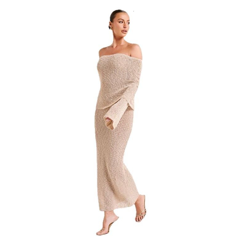 Feng 2023 New Autumn Fashion Sequins One Line Neck Sexy Open Back Perspective High Waist Slim Fit Dress