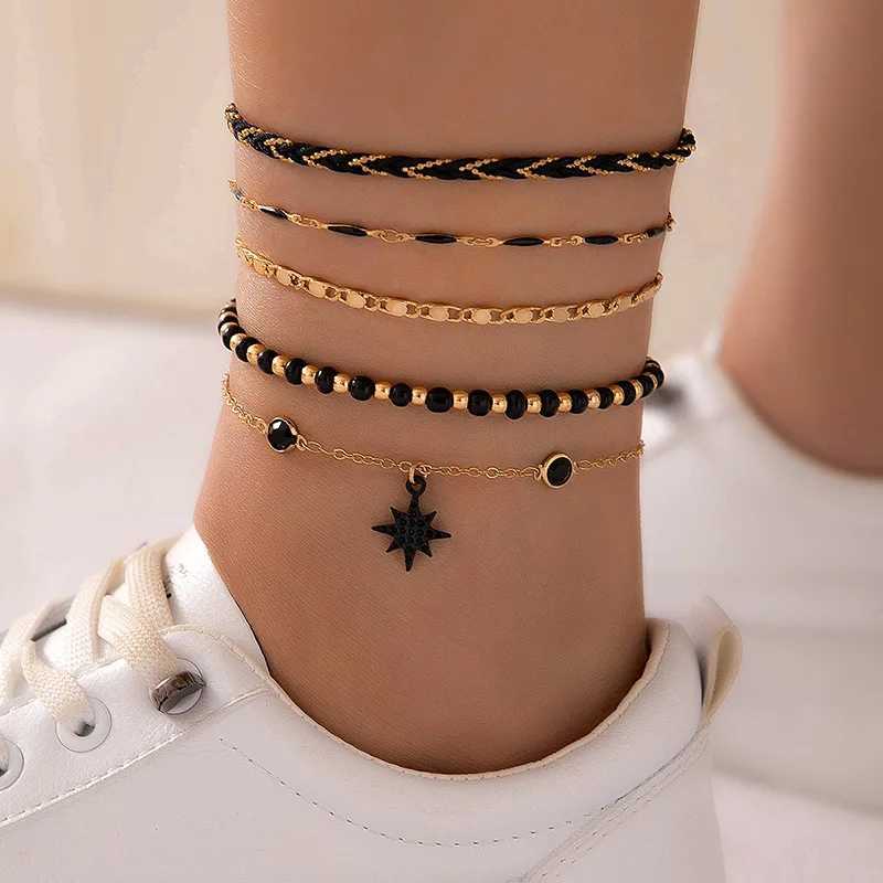 4-5pcs/Set Bohemian Woven Rope Foot Chain for Men and Women Geometric Alloy Black Beads Dropping Oil Anklet Set Z250408
