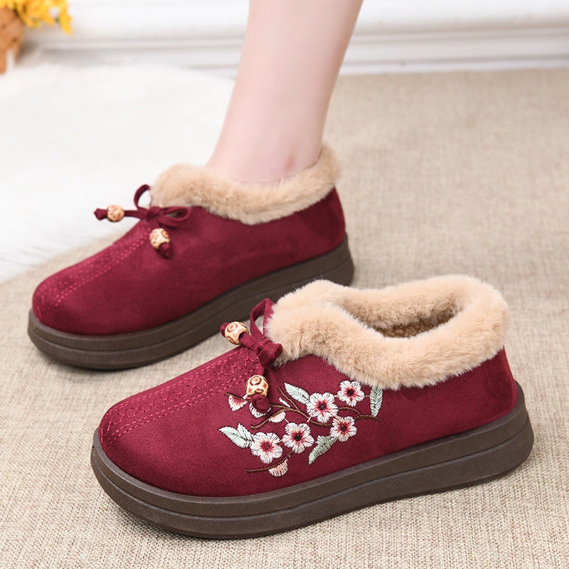 Winter Fleece-Lined Thickened Warm Mid-Senior Mother Shoes Old-Style Cloth Shoes for Women Cotton Boots Flat-Soled Non-Slip Grandma Cotton B