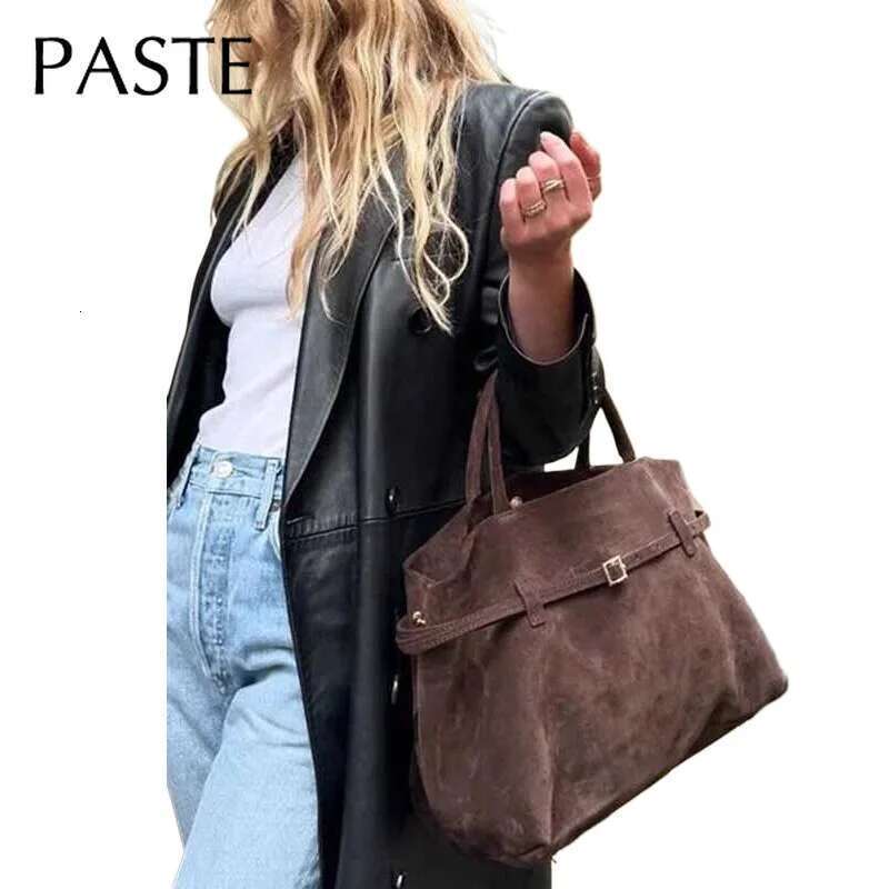 New Blogger Recommend Big Deep Red Office Commuter Tote Thick Chamois Women's Handbag Matte Suede Leather Female Shoulder Bag