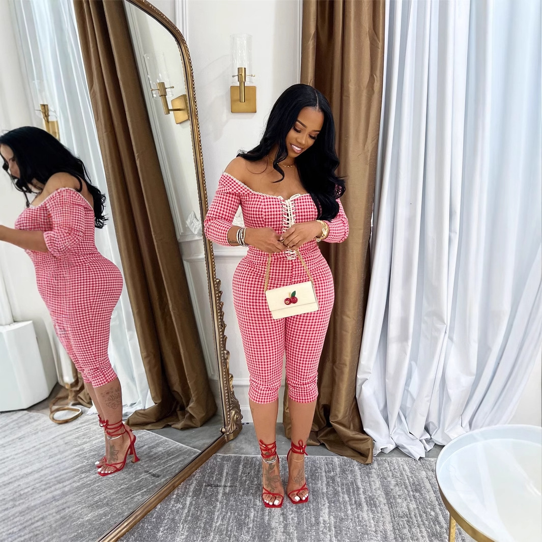 2025S Designer Women S Set New Fashionable Checkered Printed Lace Up Slimming Top With Hip Wrapping Minute Pants Set