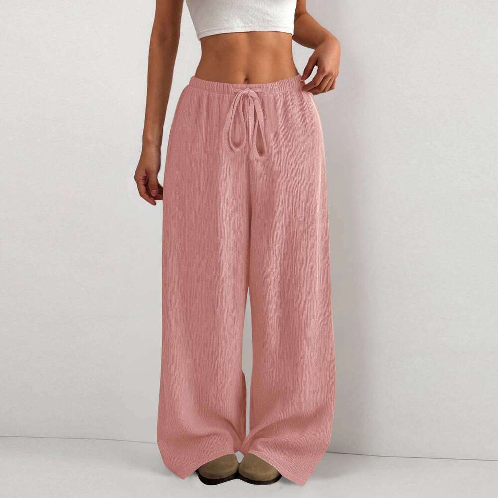 Amazon Cross-Border European And American New Style Women's Solid Color Loose Bark Wrinkle Draped Waist Drawstring Wide-Leg Casual Long Pants aef