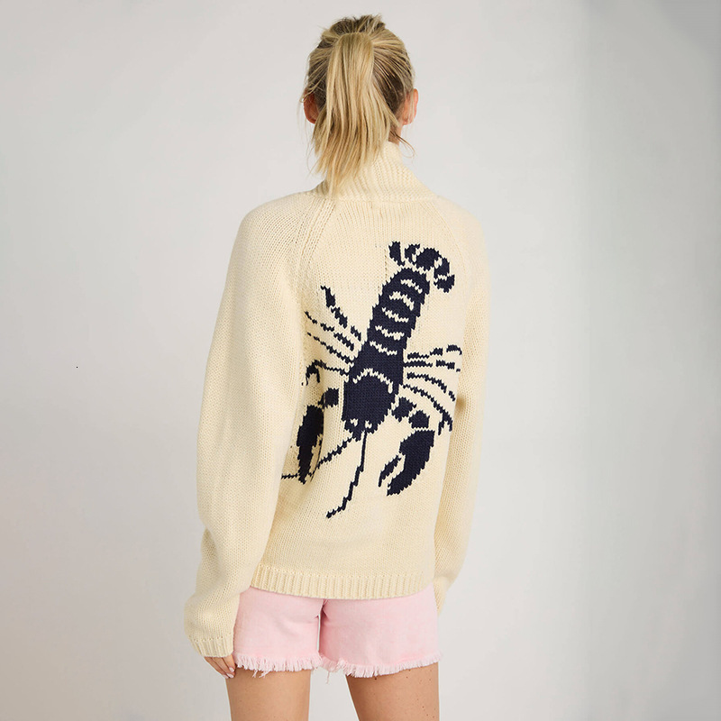 2024 Winter Sweater Womens Casual Commuter Single breasted Cardigan Long Sleeve Shrimp Printed Knitted Cardigan