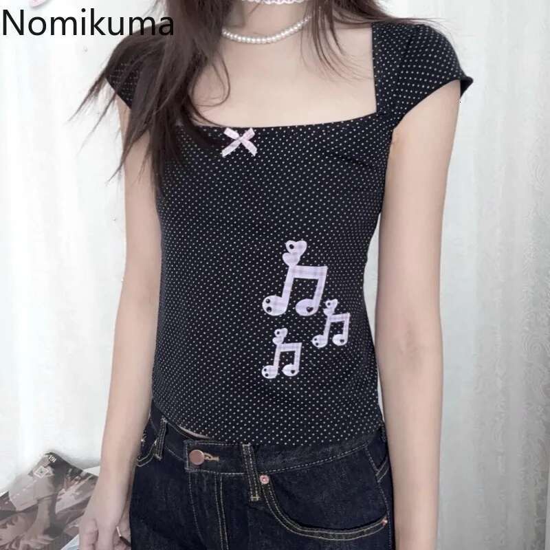 for Women Polka Dot T Shirts Square Collar Short Sleeve Tunic Tees Y2k Tops Casual Chic Japanese Tshirts 2025 Ropa Mujer