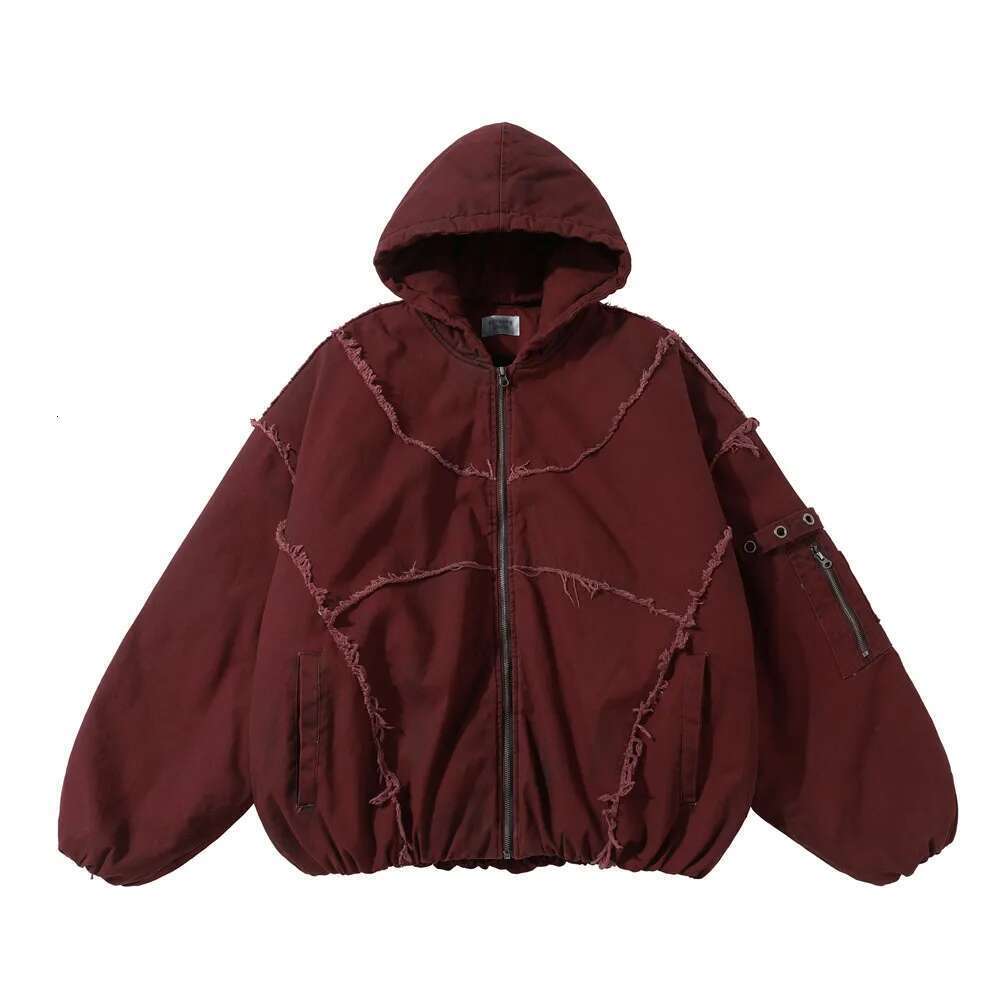 Distressed Spliced Padded Mens Embroidery Winter Thick Hip Hop Streetwear Hooded Long Sleeve Quilted Jacket Men