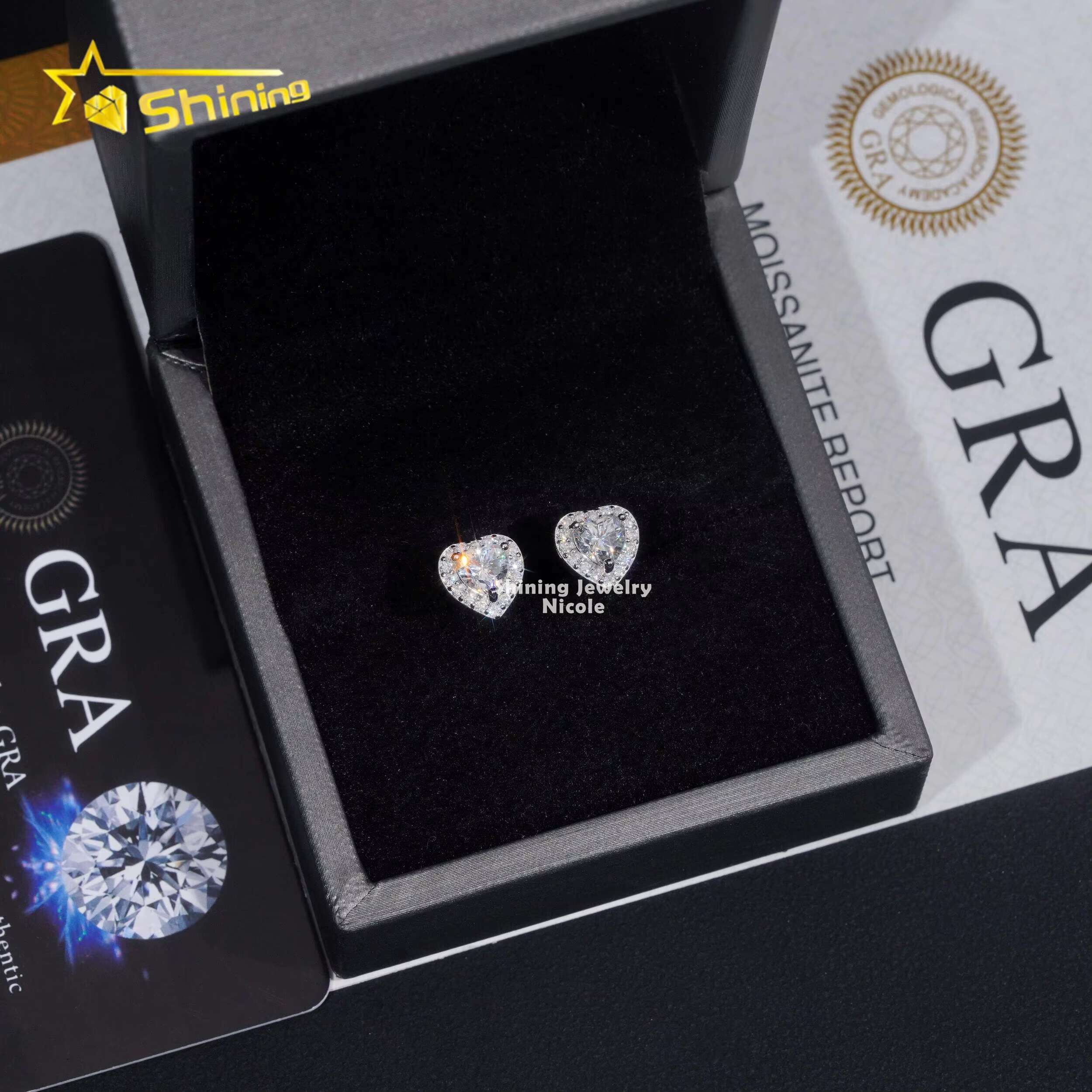 Hip Hop Style High Quality Wholesale Price 925 Sterling Silver Moissanite Stud Heart Earrings