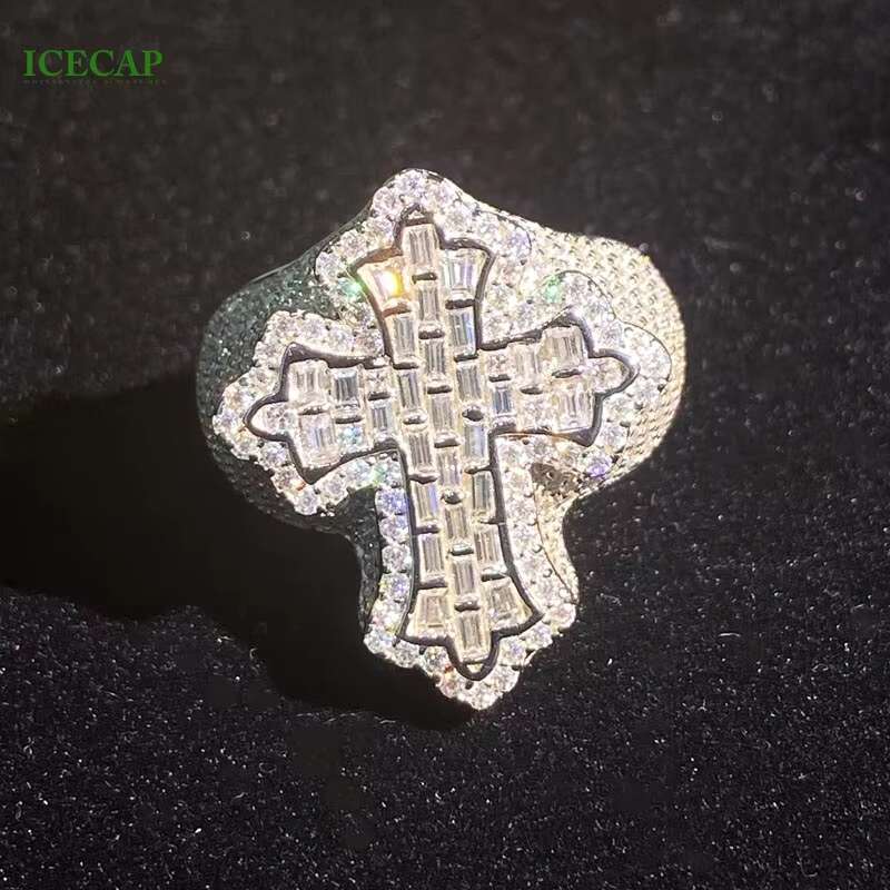 Cross Platinum Plated Iced Out Ring Trend Gift Hip Hop VVS Moissanite Diamond 925 Sterling Silver Ring Charm for Jewelry Making