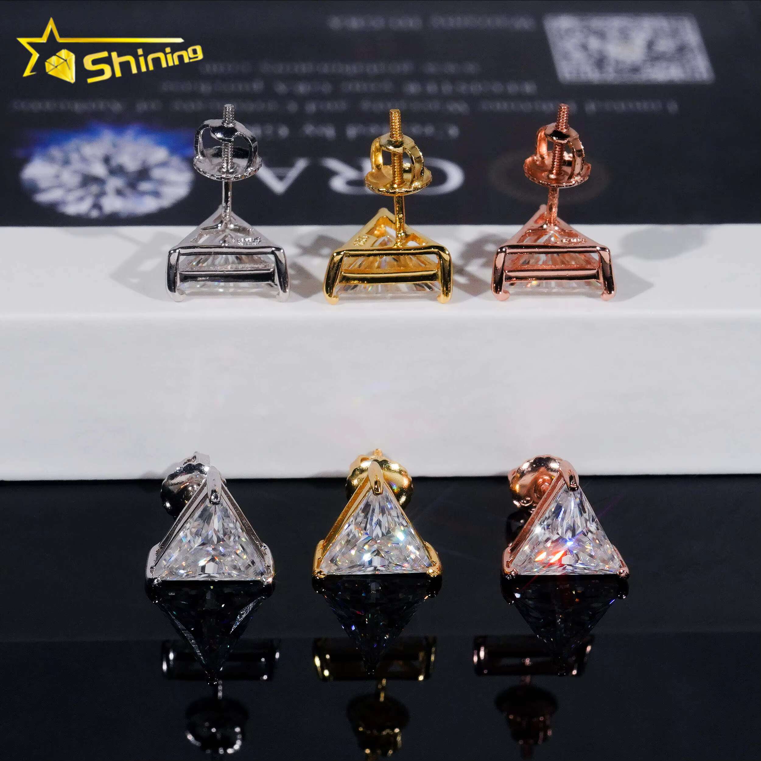 Trendy Fine Jewelry Ear Studs S925 Silver Gold Plated Triangle Moissanite Diamond Earrings for Men Women