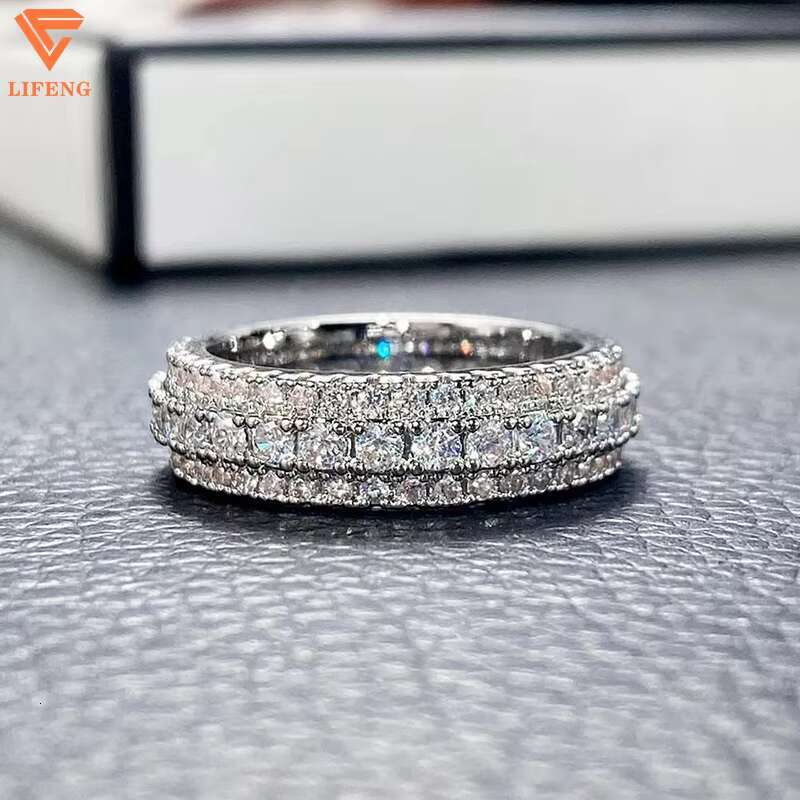 Hip Hop Iced Out 925 Silver Pass Diamond Tester 3 Rows VVS Moissanite GRA Rapper Dazzling Sparkly Eternity Band Ring for Men