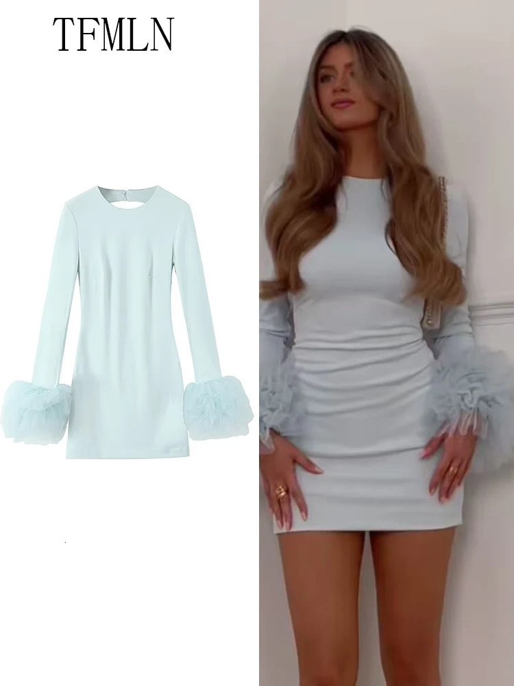 TFMLN sexy womens backless mini dress summer Oneck lace up long sleeved ultrathin party elegant shoulder strap date 250409