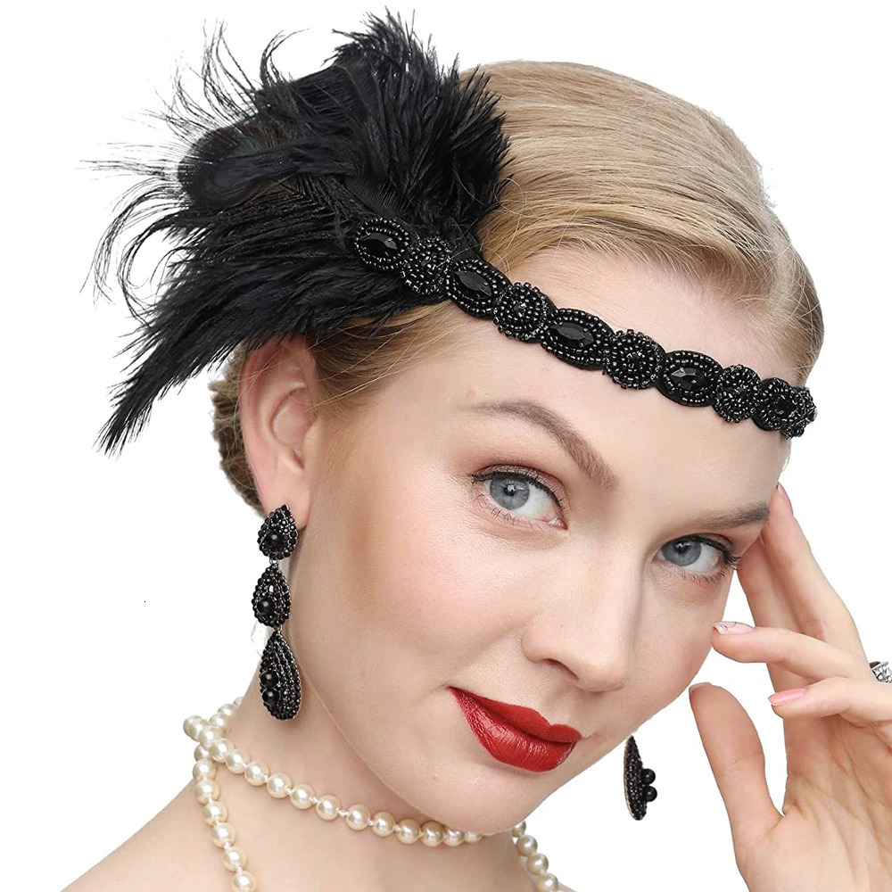 Roaring 20s Black Feather Headband 1920s Flapper Headpiece Women Costume Headwear Great Gatsby Party Hair Accessories 250409