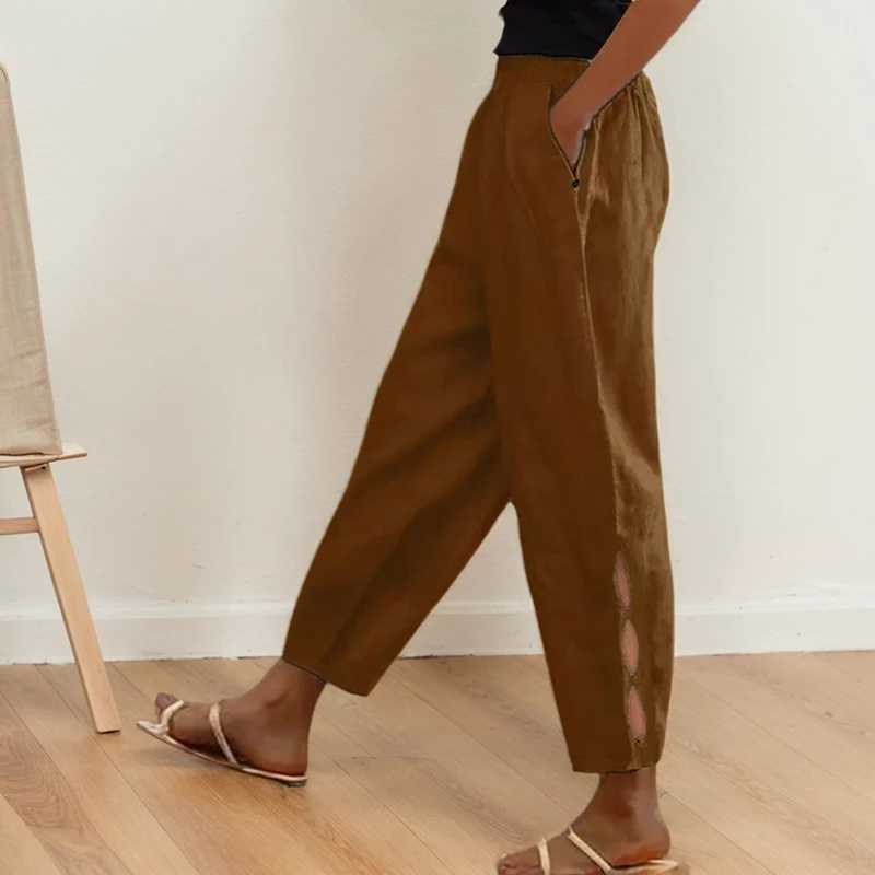 Retro pure cotton linen pants spring summer elastic waist pocket button side Trouser legs hollow Trouser womenXJ250403