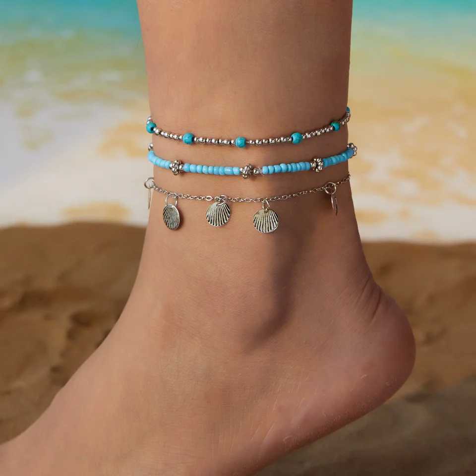 Vintage Gold Color Love Heart Chain Anklet Set for Women Beads Beach Holiday Anklet Bracelet on Foot Jewelry Adjustable Z250408