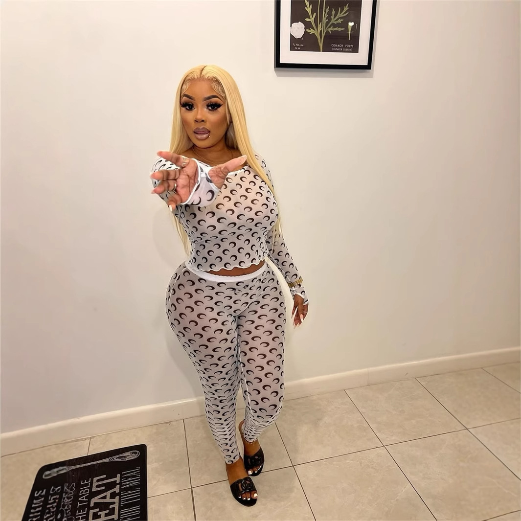2025S Designer Women S Set New Trendy Fashionable Moon Print Slim Fit Sexy Perspective Round Neck Long Sleeved Top And Pants Set