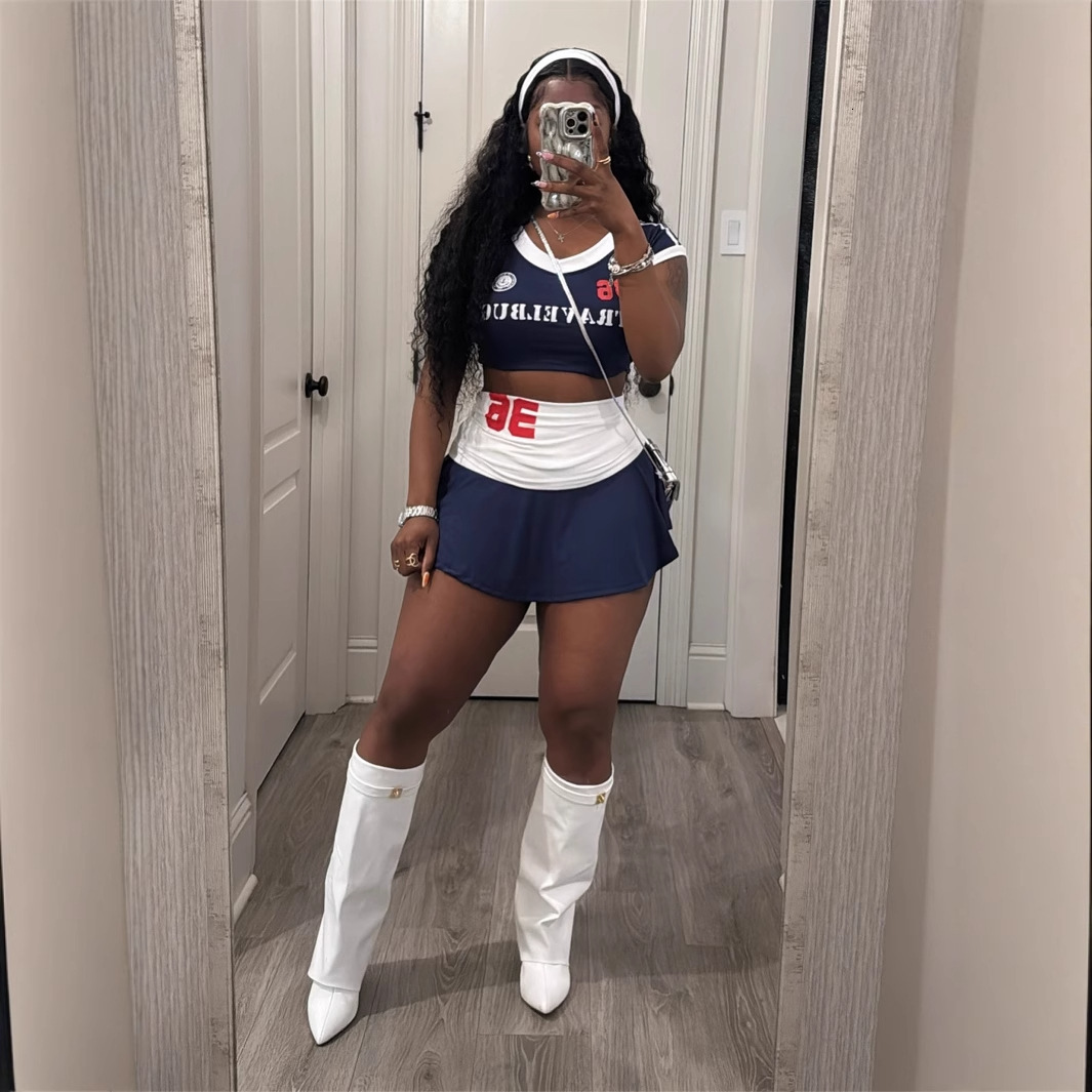 2025S Designer S Summer American Hot Girl Letter Printed Color Contrasting Strap Waist Short Skirt Set For Women