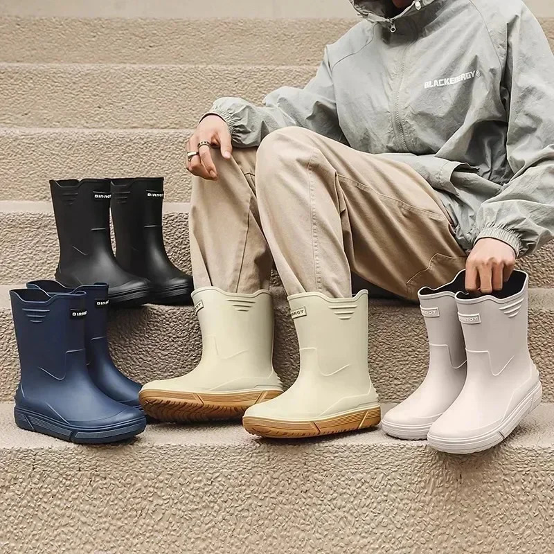 Water Shoes Korean Mid-calf Rain Boots Mens Non-slip Wear-resistant Rain Shoes Waterproof Rubber Boots Couple 250408