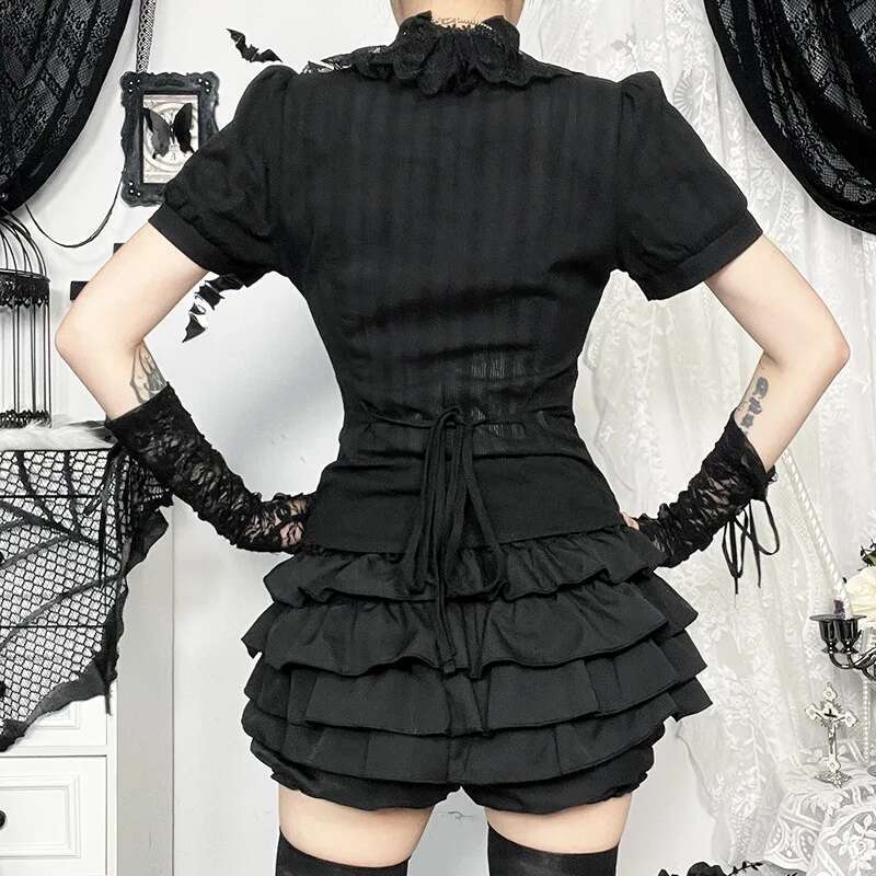 Sweet Lolita Cotton Shirts Women Vintage Gothic Black White Jacquard Short Sleeve Blouses Elegant Office Lady Y2k Tops