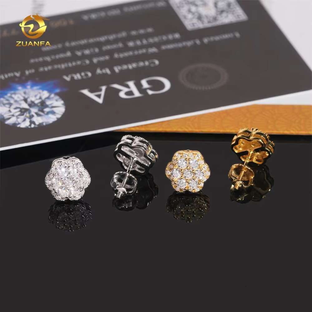 New Fashion Flower Shape Iced Out Hip Hop Moissanite Diamond Men 925 Silver Earrings
