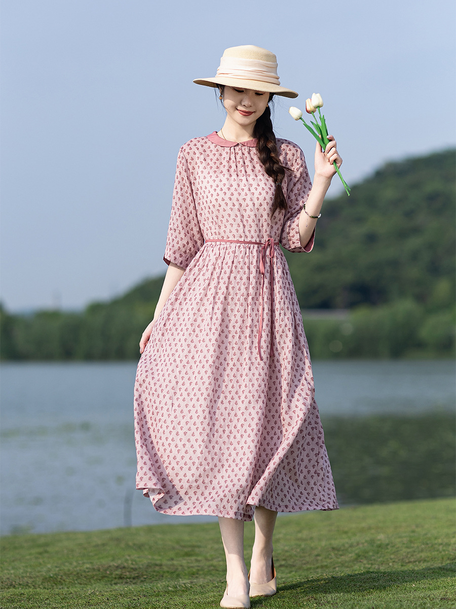 M45Classy Exquisite Long Dress in Pink with Doll Collar and Retro Style Belting