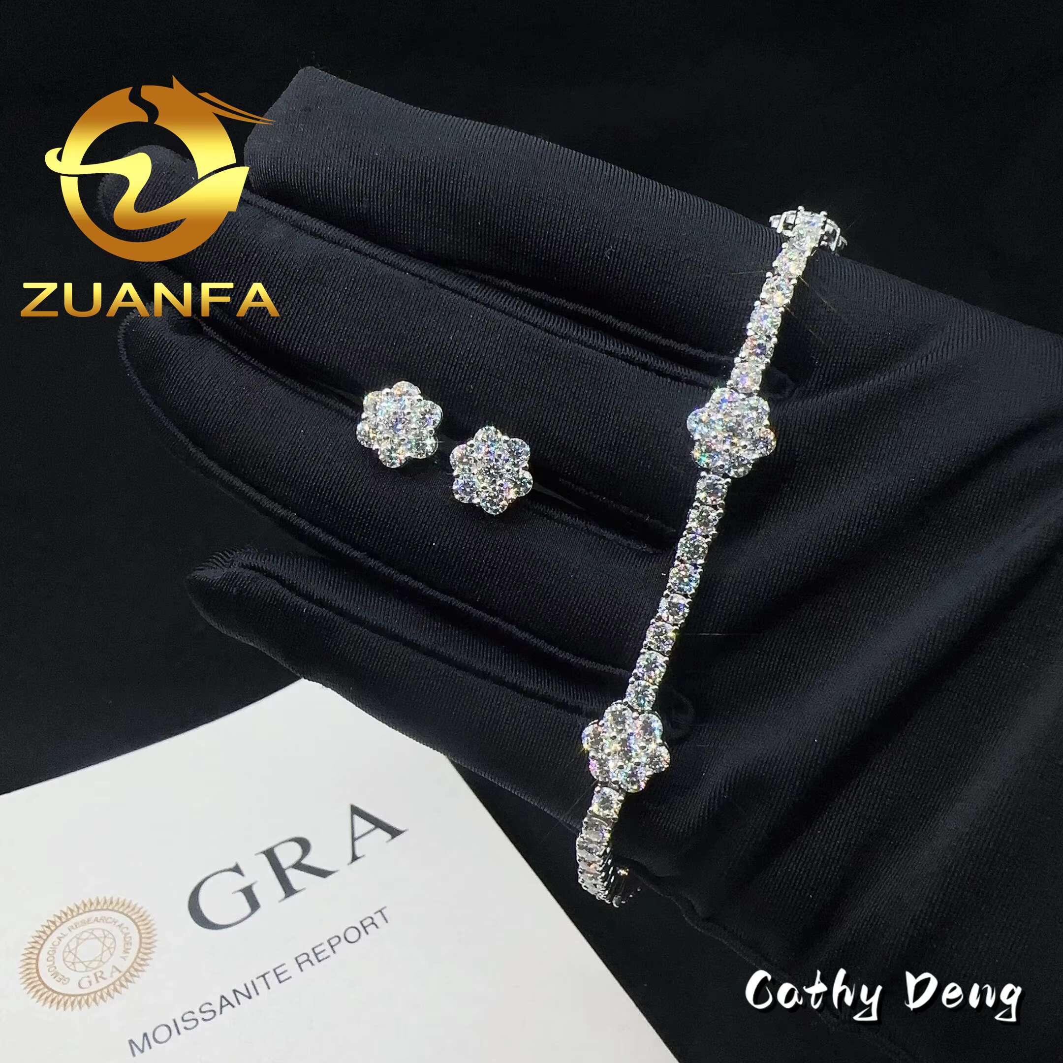 New Flower 3mm Moissanite Tennis Chain Bracelet With Stud Earrings Set 925 Silver Hip Hop Bracelet Tennis Bracelet Pass test