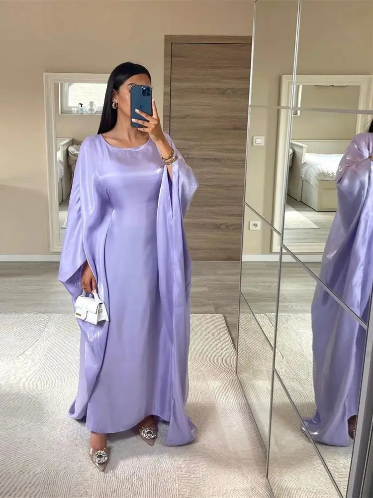 Ramadan Eid al Fitr Summer Satin Batwing Abaya Dubai Female Muslim Maxi Kaftan Dress Moroccan Robe 250409