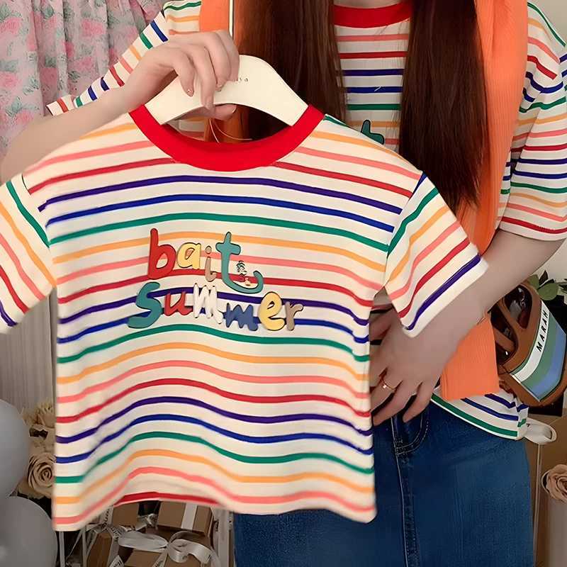 Summer Parent Child Clothing New Short Sleeve Rainbow Stripe T-shirt Series Fashionable Family Top Boys and Girls Clothing S2548